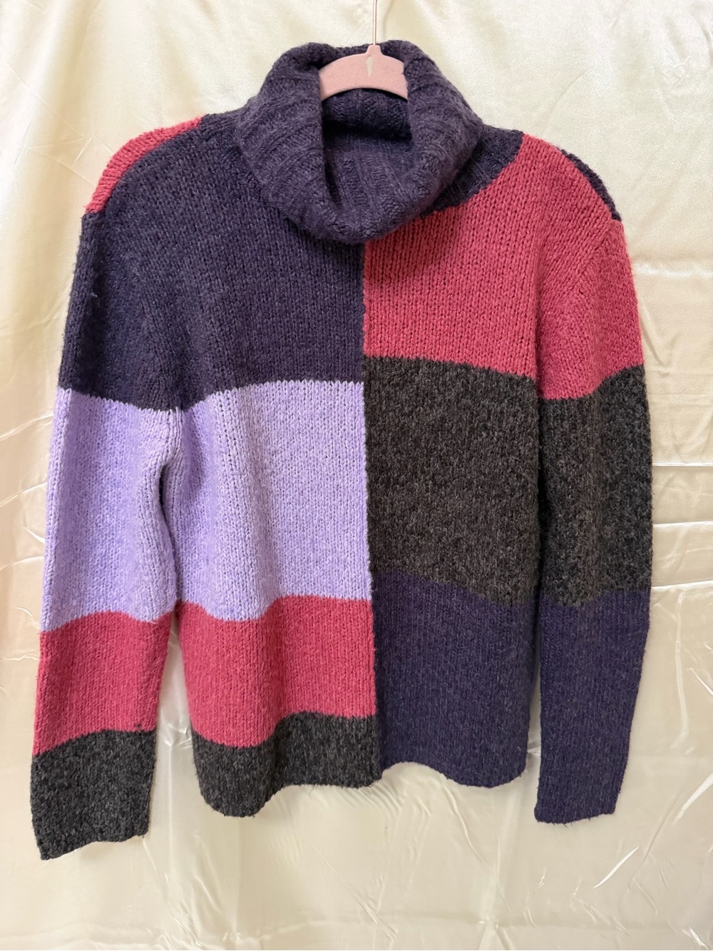 Tangents Colorblock Turtleneck Sweater L Purple Pink Chunky Knit Cozy